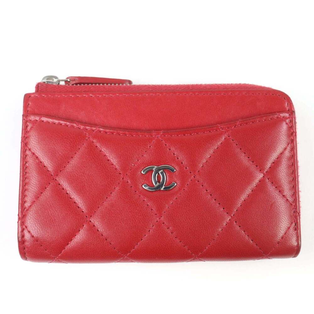 CHANEL Red Lambskin Leather Logo Wallet